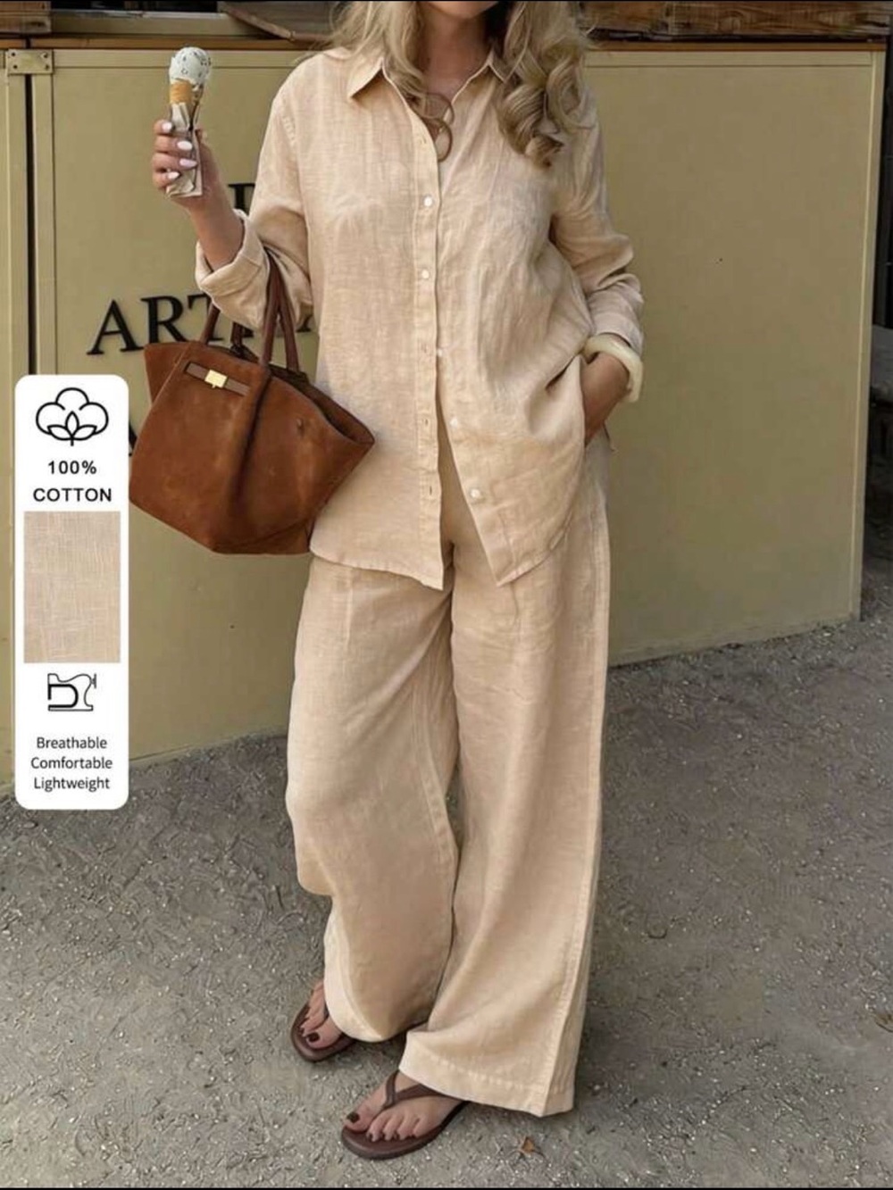 Set Cotton Wide-Leg Women's Pants in Beige